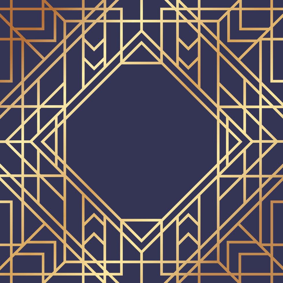 Seamless geometric pattern forming an octagonal frame with gold lines on a dark blue background, creating a luxurious and elegant art deco design vector