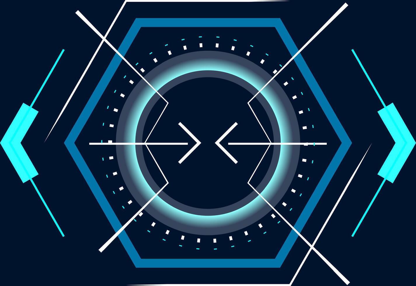 Futuristic glowing blue hexagonal user interface with arrows pointing to the center is ideal for backgrounds, websites, or presentations related to technology, innovation, or virtual reality vector