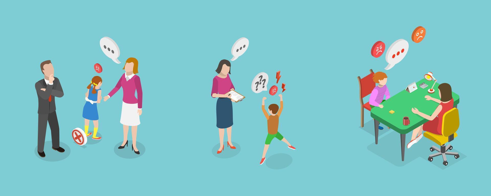 3D Isometric Flat Conceptual Illustration of Kids Emotional Management, Attention Deficit Hyperactivity Disorder vector