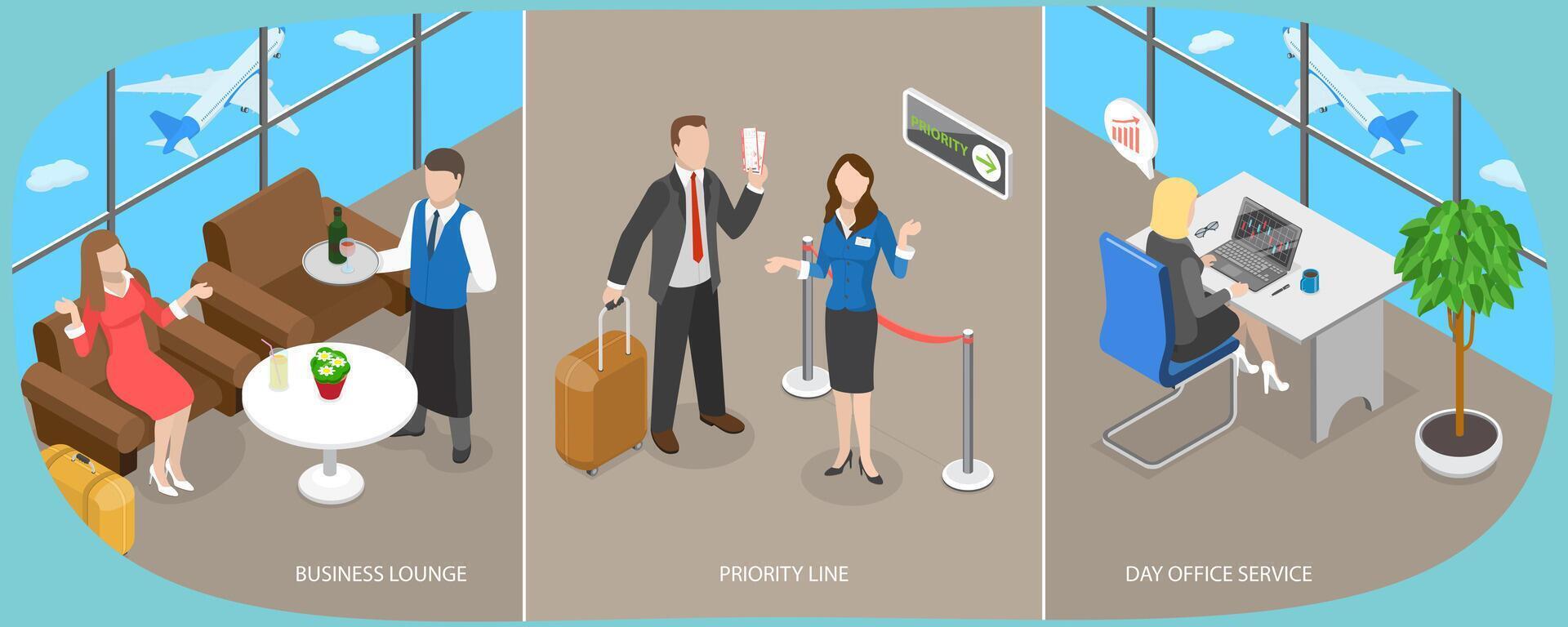 3D Isometric Flat Conceptual Illustration of Airport Services, Business Lounge, Day Office, Priority Line vector