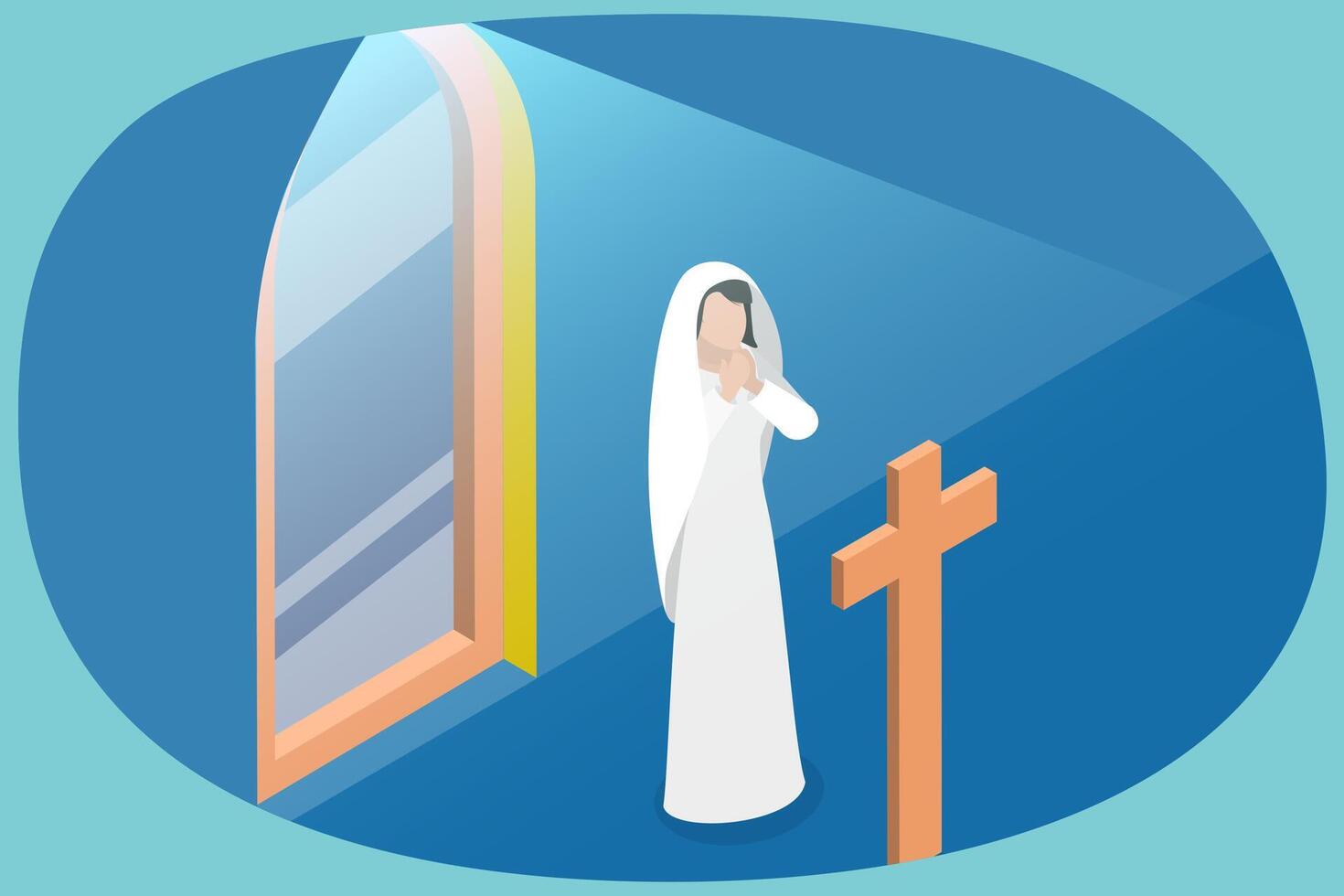 3D Isometric Flat Conceptual Illustration of Virgin Mary, Mother of Jesus Christ in Prayer vector