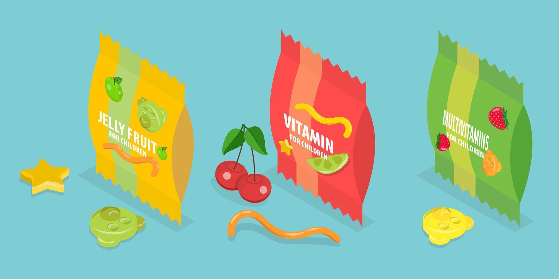3D Isometric Flat Set of Chewy Jelly, Gummy Candies Packs vector