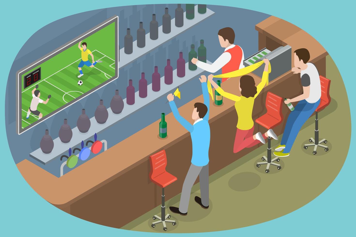 3D Isometric Flat Conceptual Illustration of Football Fans in a Pub, Friends Watching Soccer and on TV vector
