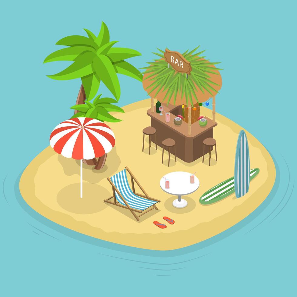 3D Isometric Flat Conceptual Illustration of Tiki Bar, Tropical Beach Restaurant or Cafe vector