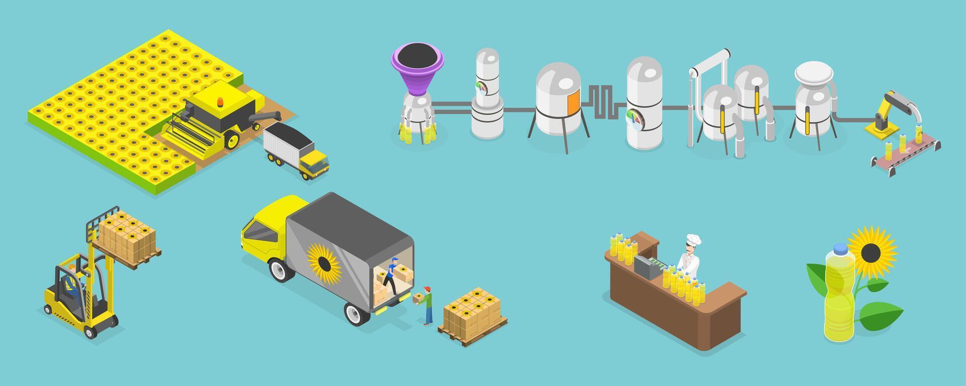 3D Isometric Flat Conceptual Illustration of Vegetable Oil Production, Sunflower Processing Plant vector