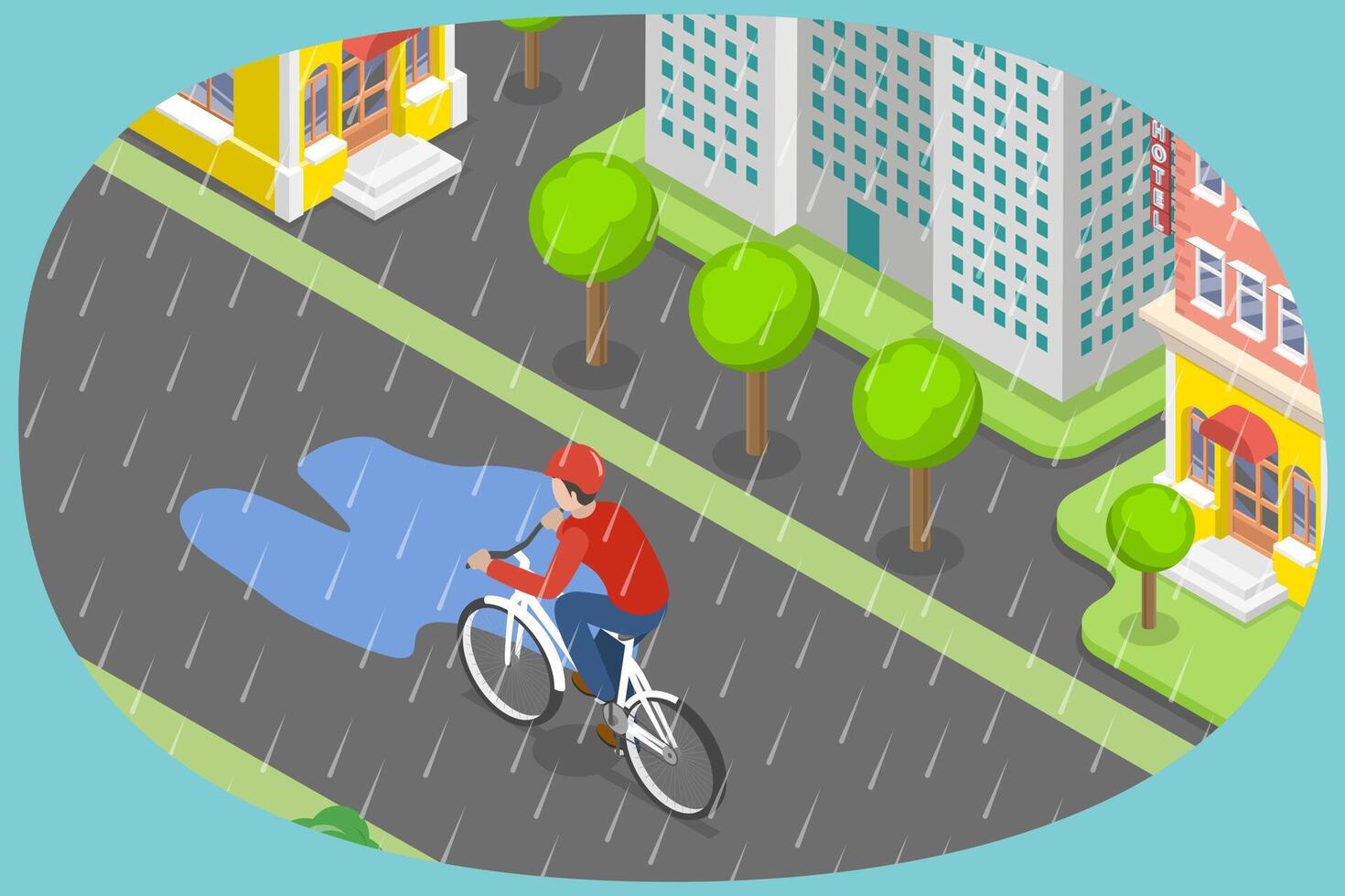 3D Isometric Flat Conceptual Illustration of Cycling In Wet Conditions, Taking an Extra Cautious vector