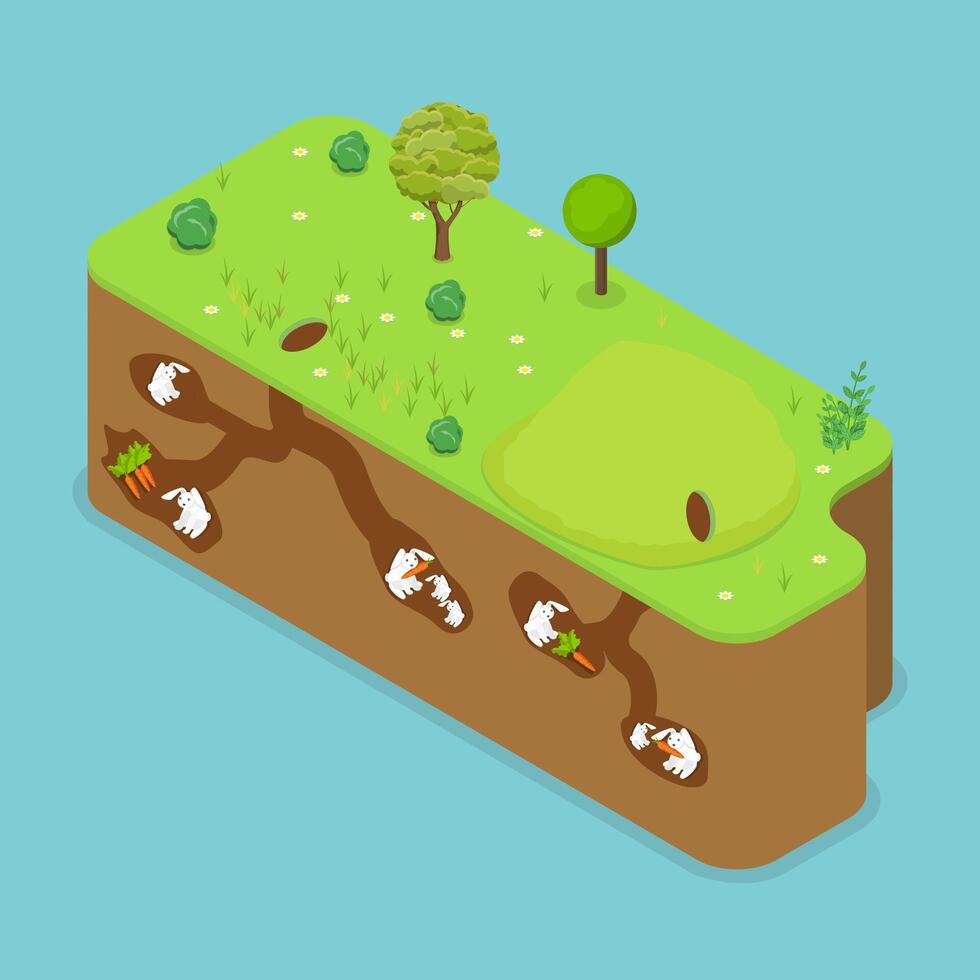 3D Isometric Flat Conceptual Illustration of Rabbit Family, Holes with Underground Tunnels vector