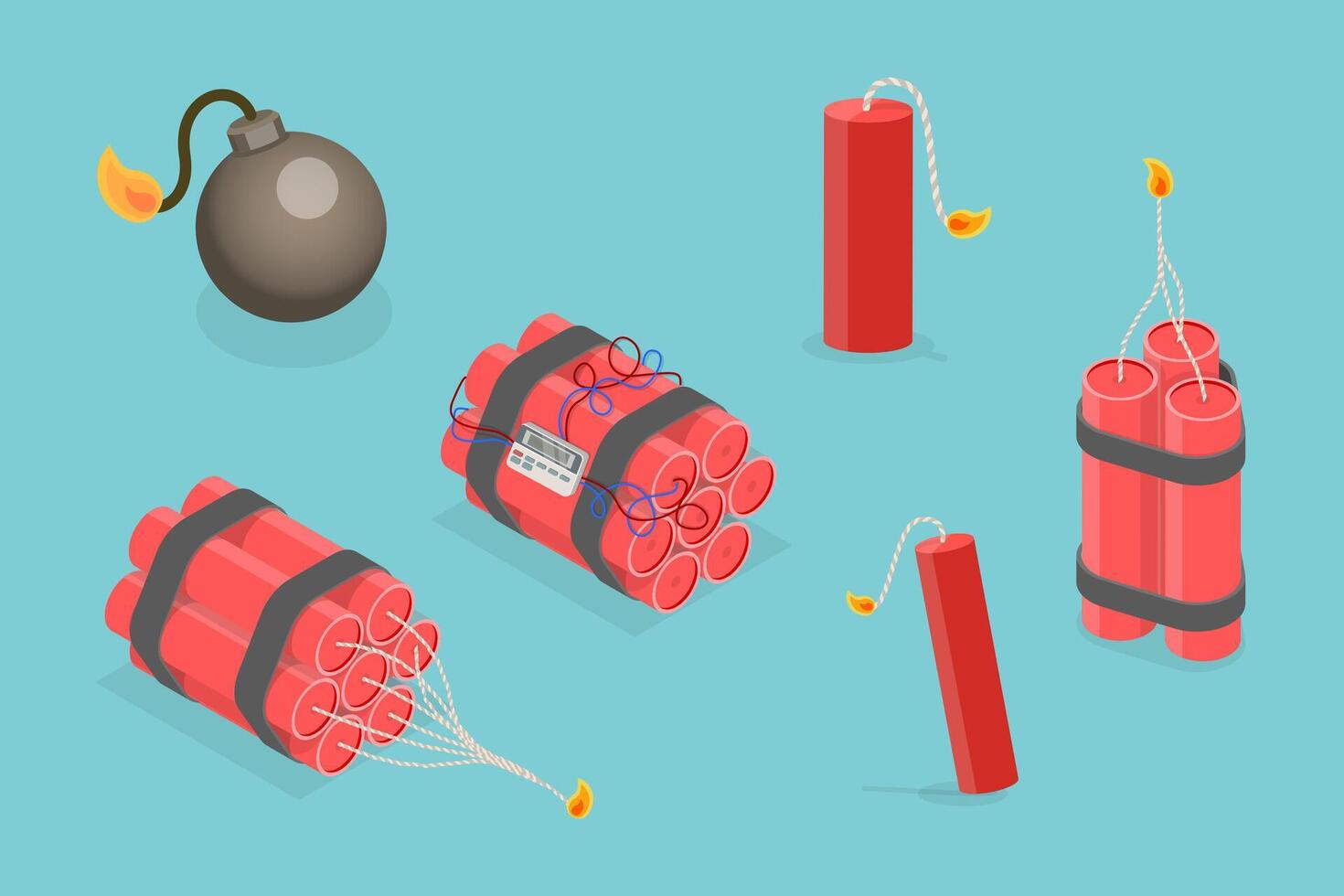 3D Isometric Flat Set of Bombs And Dynamites, Red Stick with Fuse, Detonating Device, TNT vector