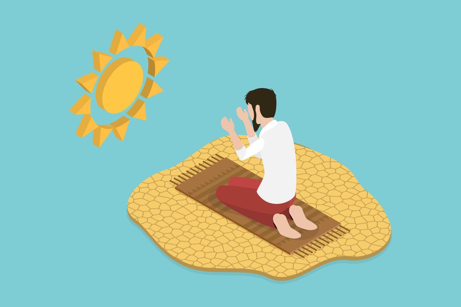 3D Isometric Flat Conceptual Illustration of Praying Muslim Man, Worship and Faith vector
