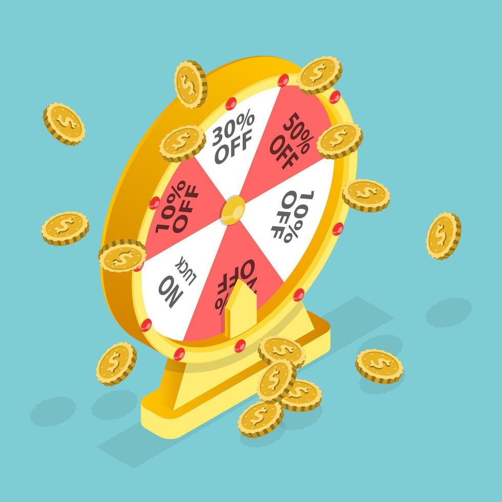 3D Isometric Flat Conceptual Illustration of Fortune Wheel Game, Online Promotion Event vector