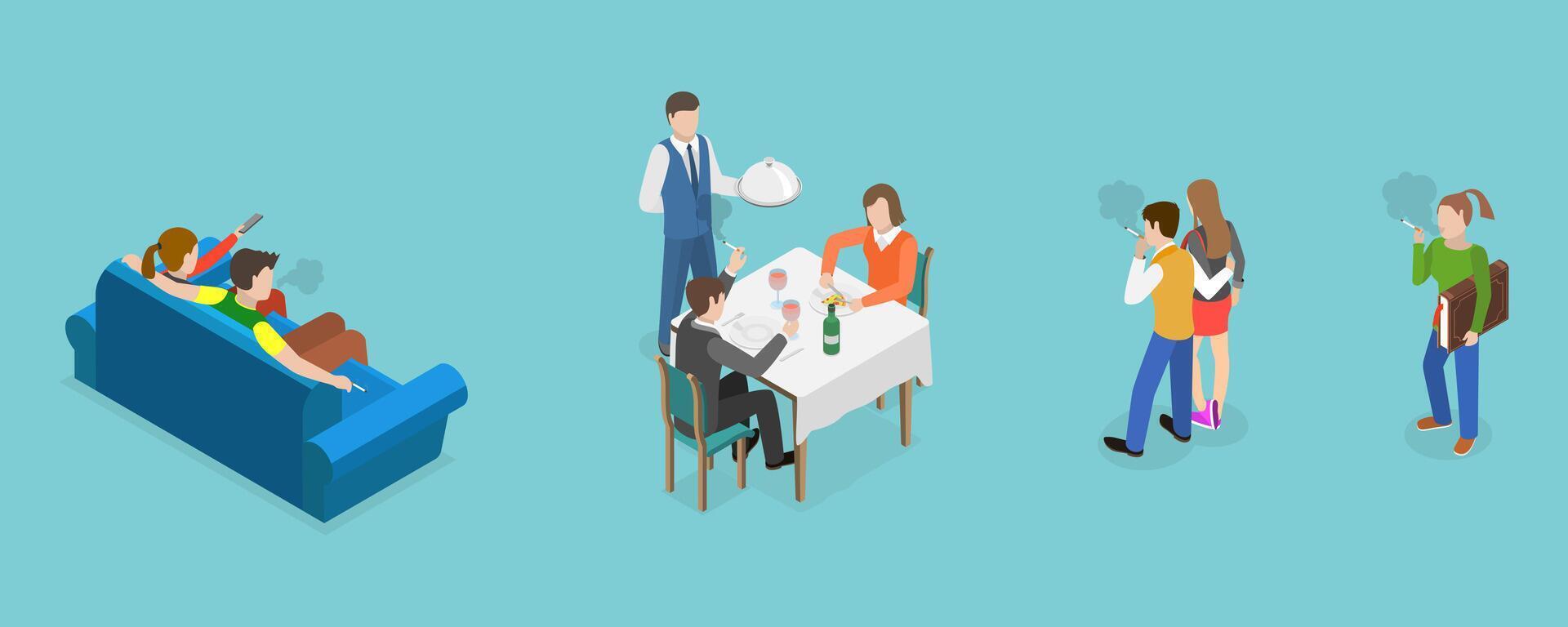 3D Isometric Flat Set of Smoking People, Tobacco Dependence vector