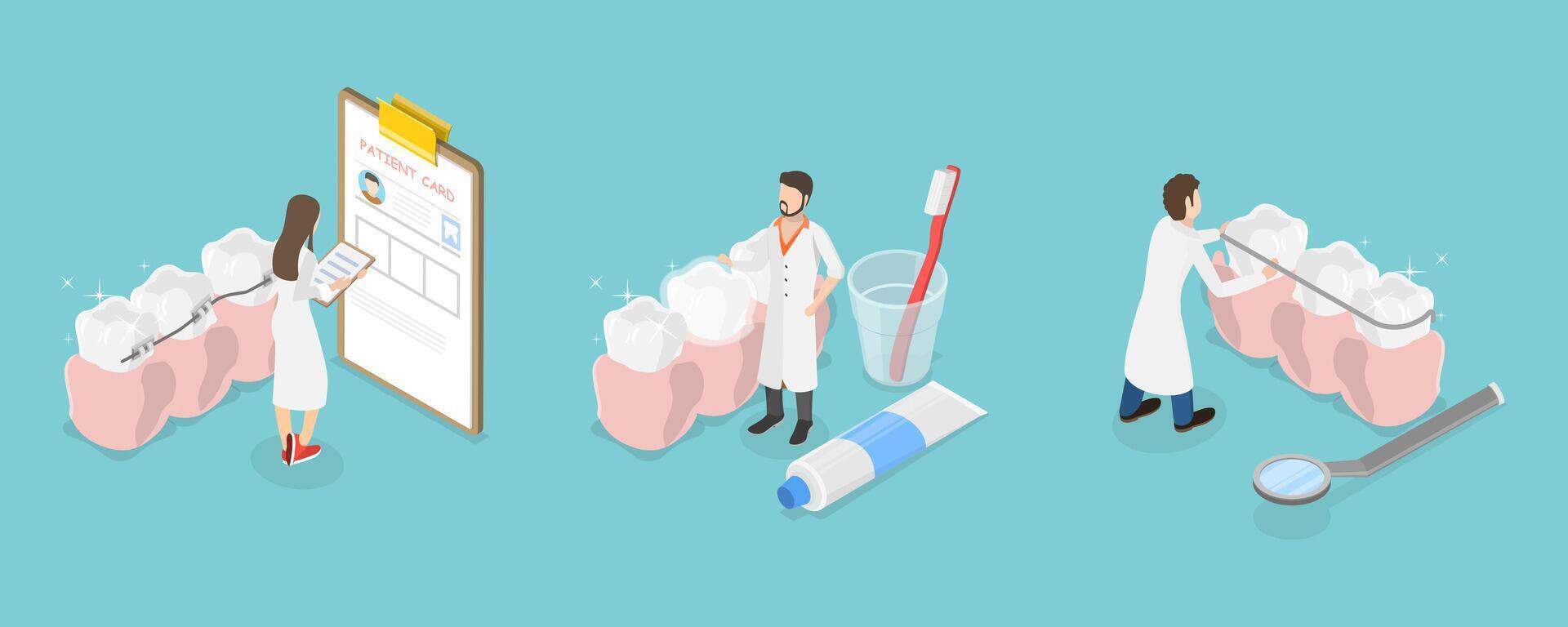 3D Isometric Flat Conceptual Illustration of Orthodontic Care, Putting Braces and Veneers vector