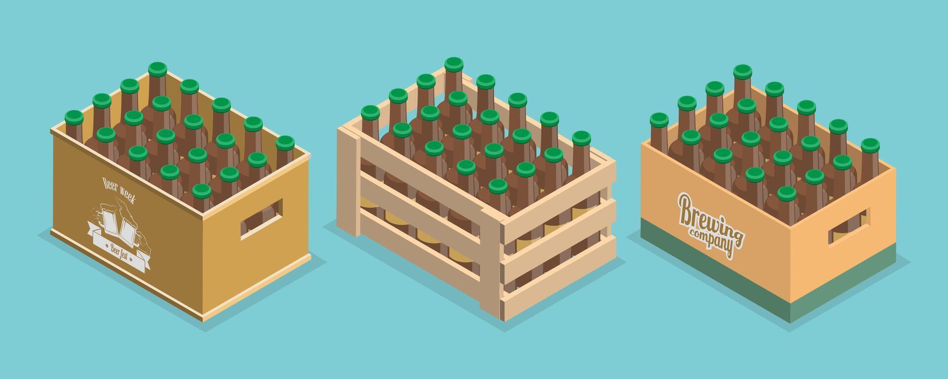 3D Isometric Flat Set of Crates with Beer Bottles, Delivery and Transportation Package vector