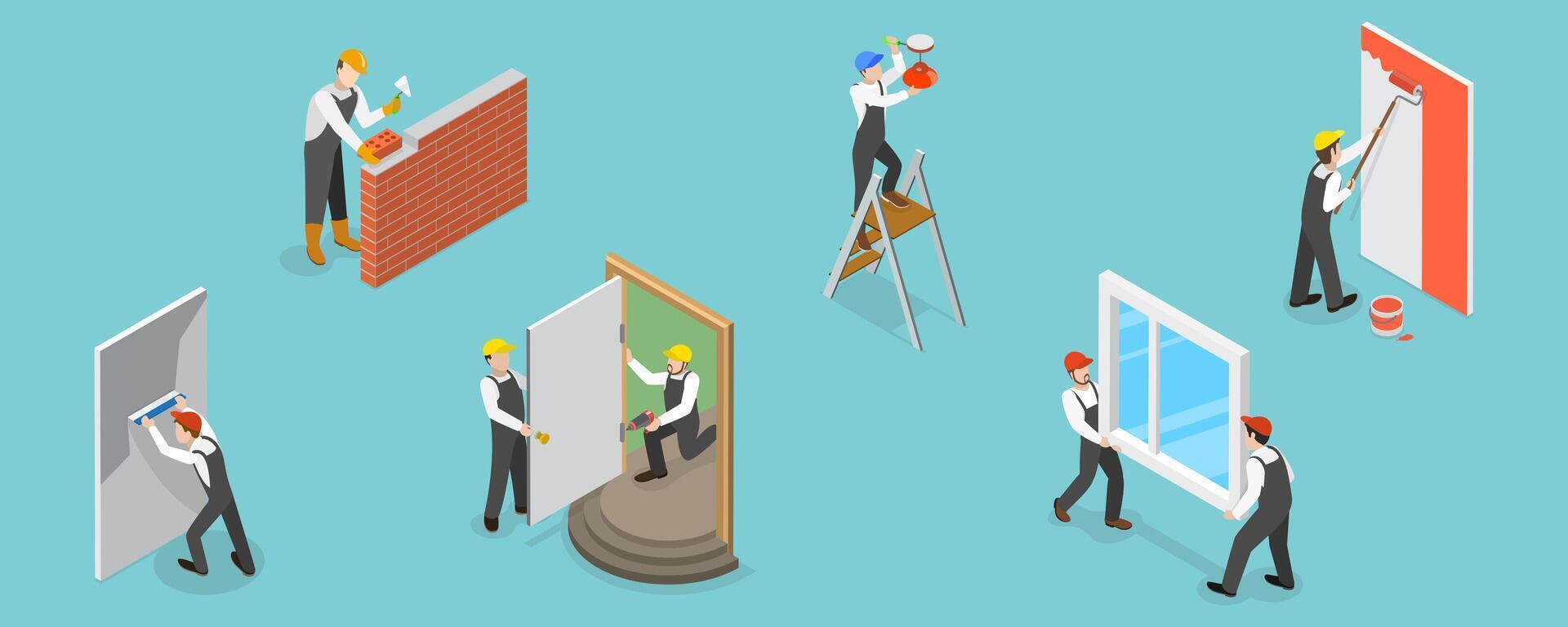 3D Isometric Flat Set of Renovation and Decoration of Room, Home Repair Service vector