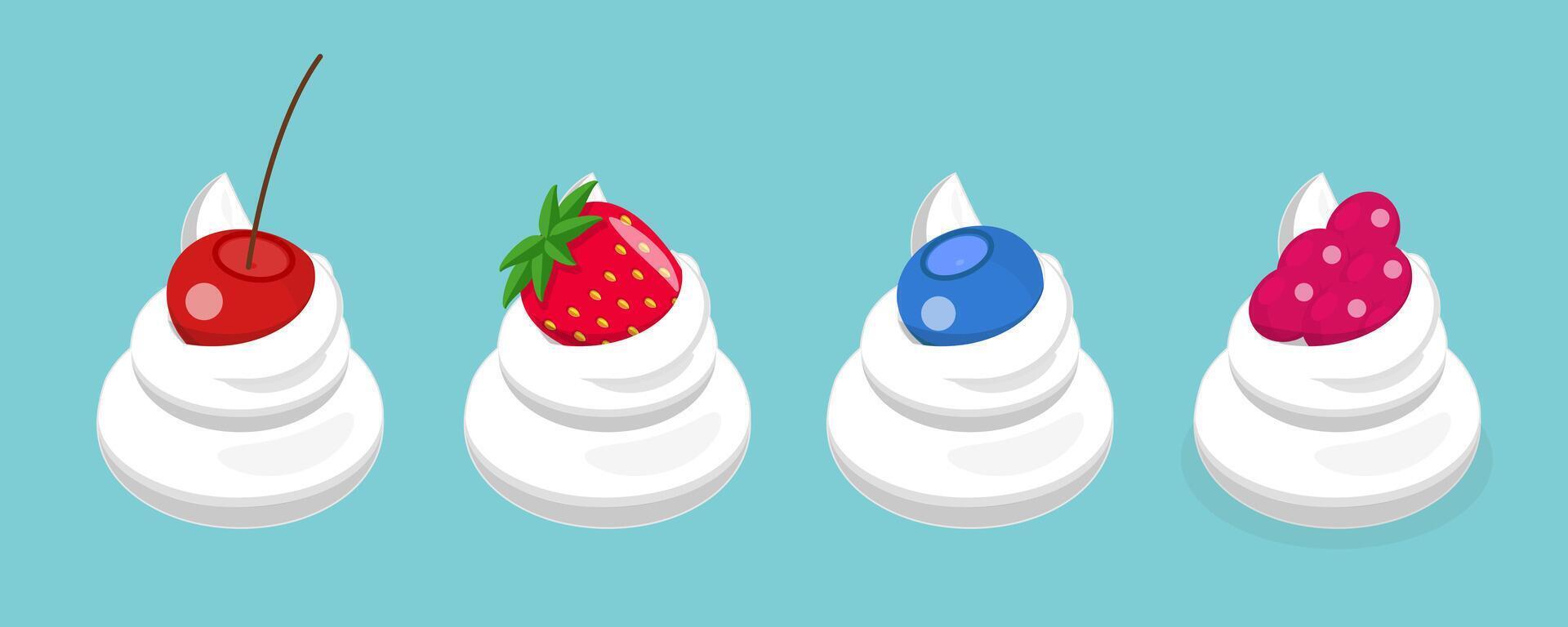 3D Isometric Flat Set of Whipped Cream with Berries, Sweet Desserts vector