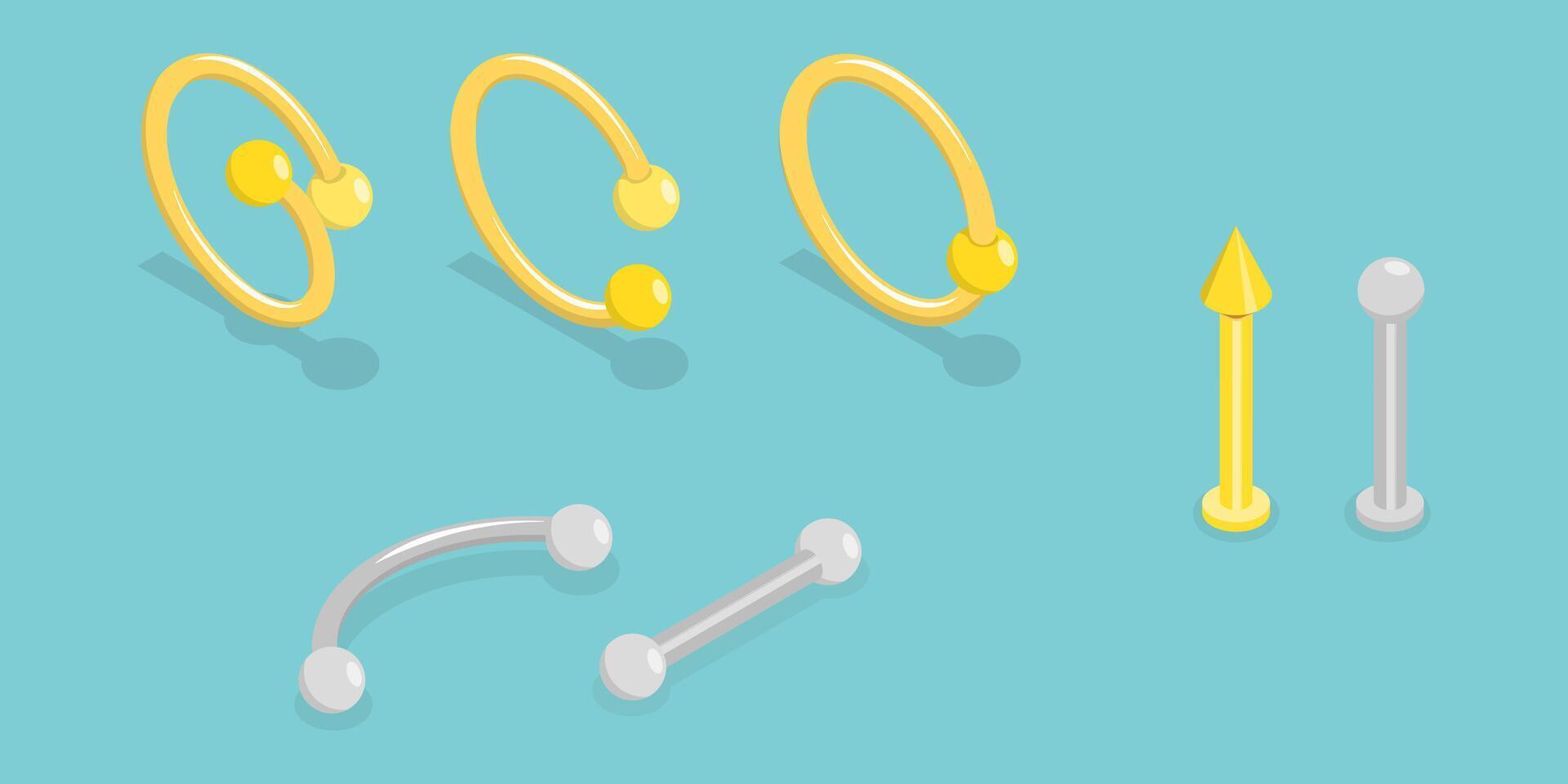3D Isometric Flat Set of Piercing Jewelry, Accessories Nose, Ears, Lips and Eyebrows vector