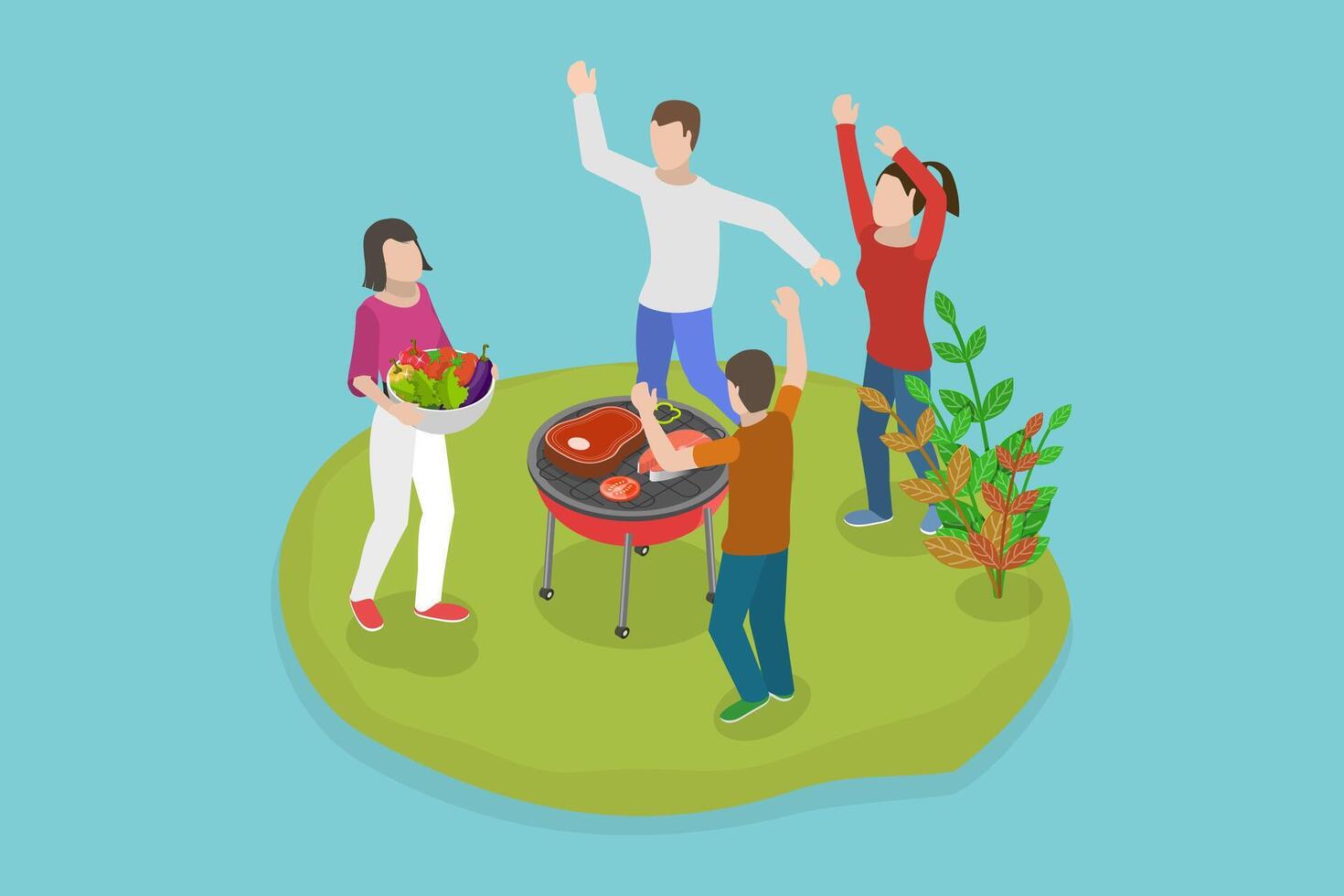 3D Isometric Flat Conceptual Illustration of Barbecue Party, People Grilling Food in Park and Having Fun vector