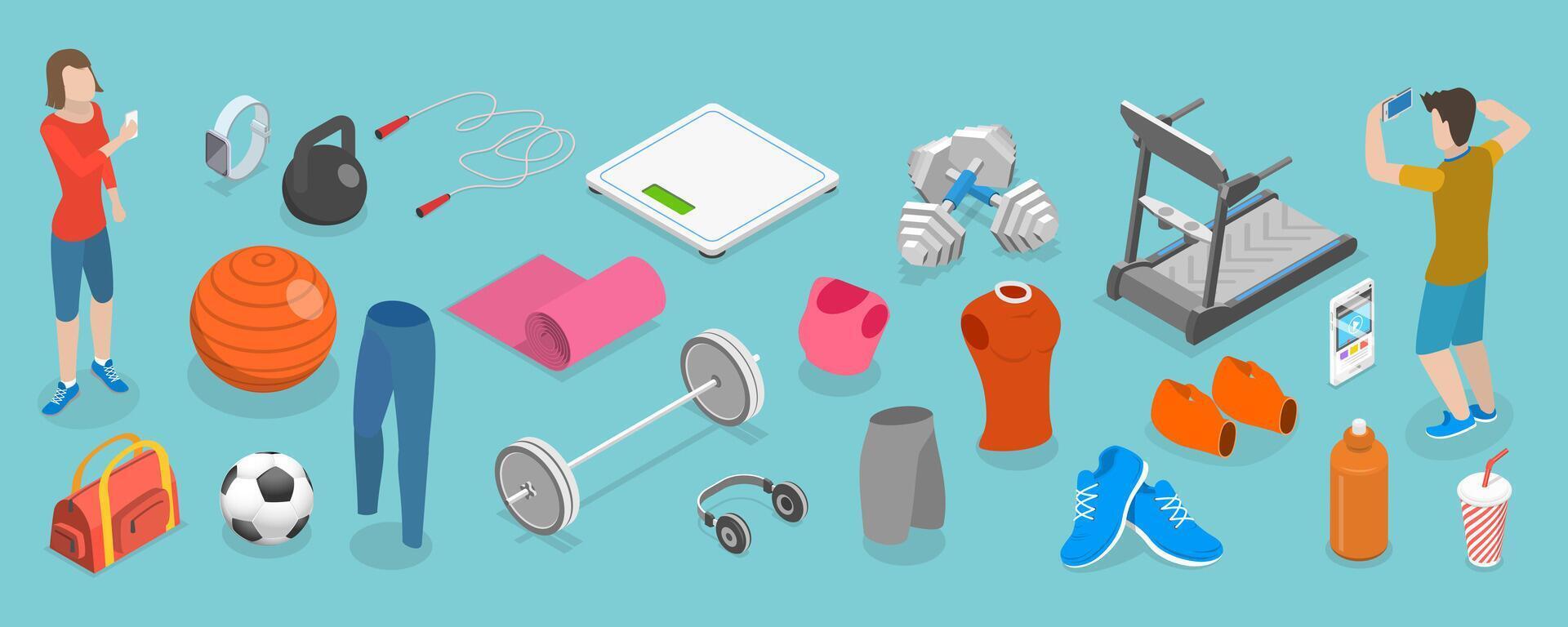 3D Isometric Flat Set of Various Sport Equipment, Fitness Inventory, Gym Accessories vector