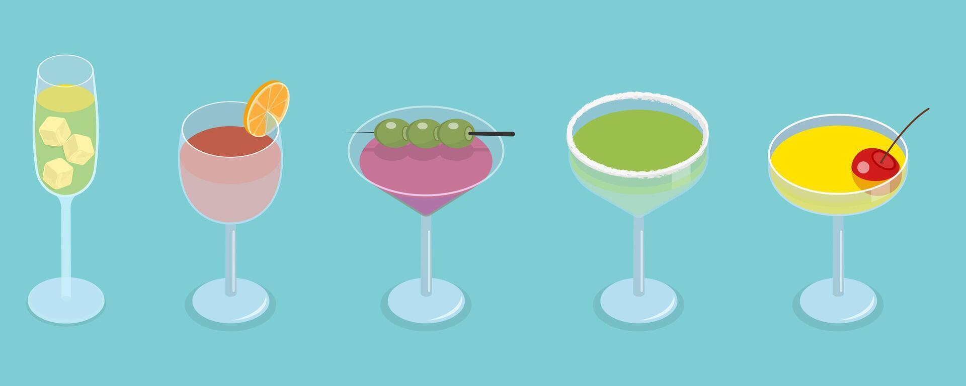 3D Isometric Flat Set of Cocktails, Drinks in Different Types of Glasses vector