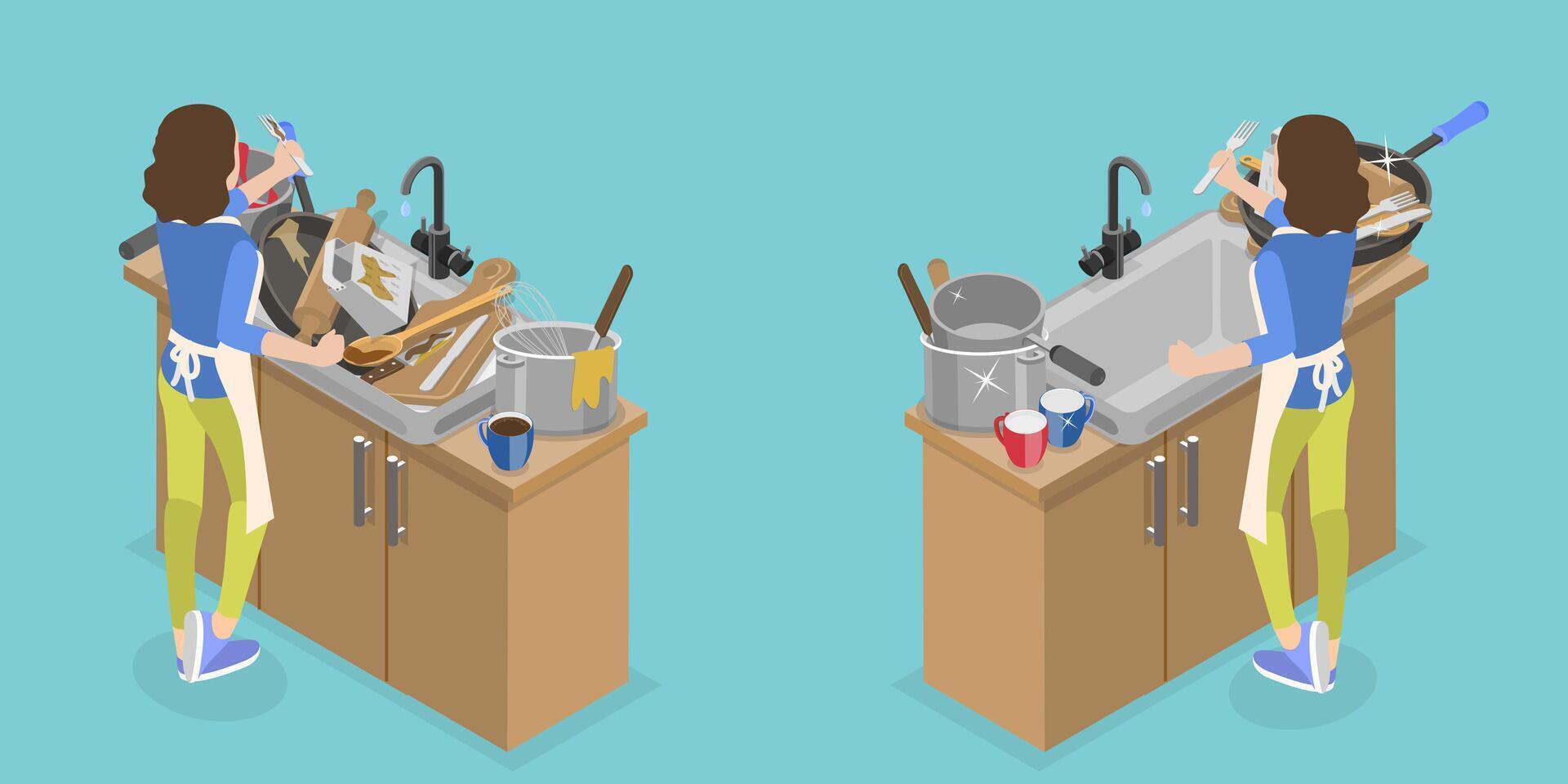 3D Isometric Flat Conceptual Illustration of Messy vs Clean Kitchen, Household Cutlery Before and After Wash vector