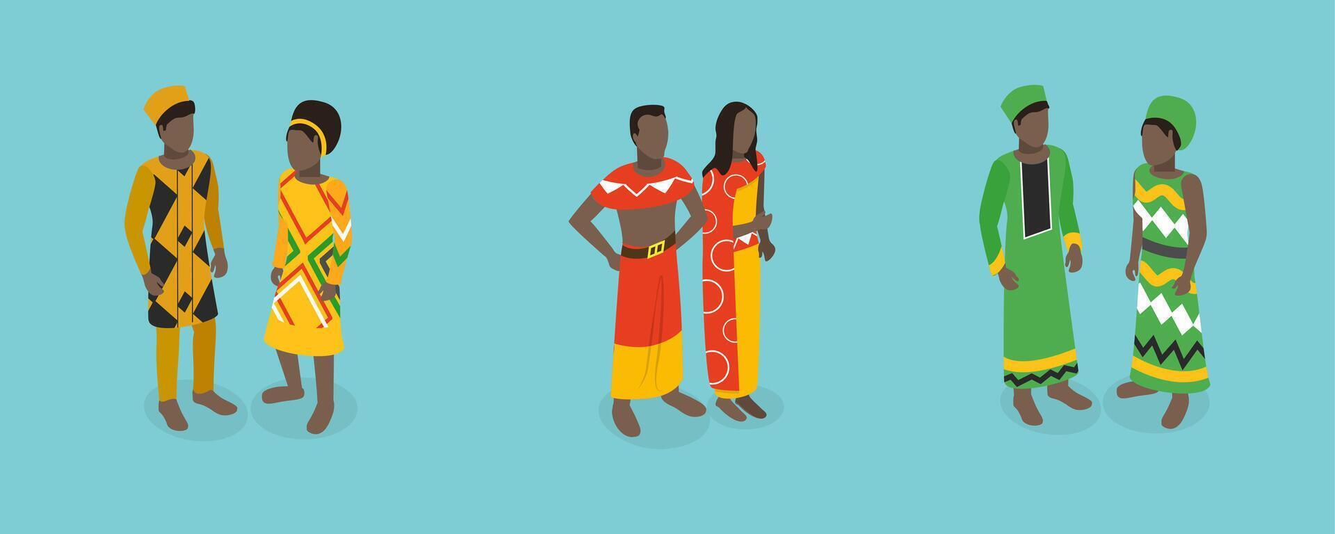 3D Isometric Flat Set of African Outfit, Men and Women in National Clothes vector