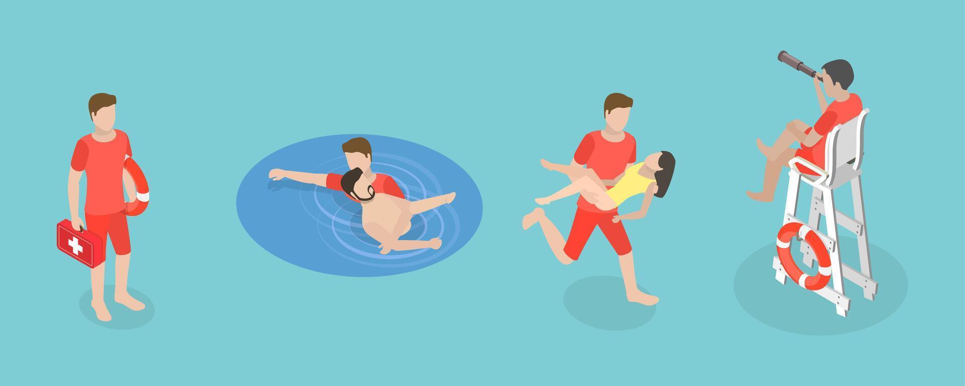 3D Isometric Flat Conceptual Illustration of Beach Lifeguard, Water Rescue vector