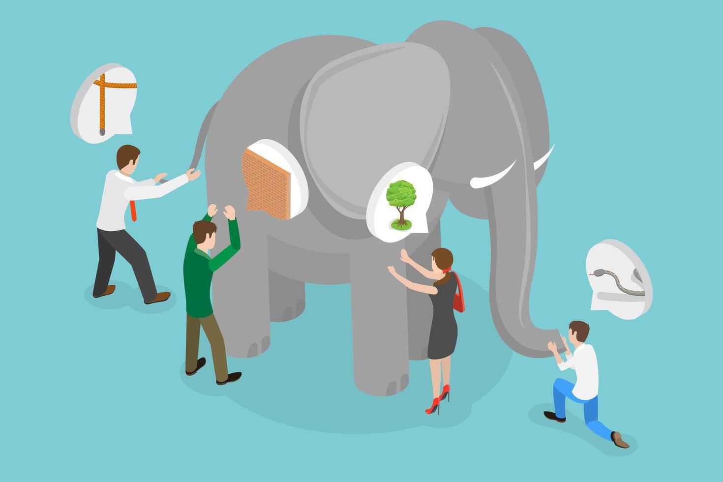 3D Isometric Flat Conceptual Illustration of Different Viewpoints, Blind People are Touching an Elephant vector