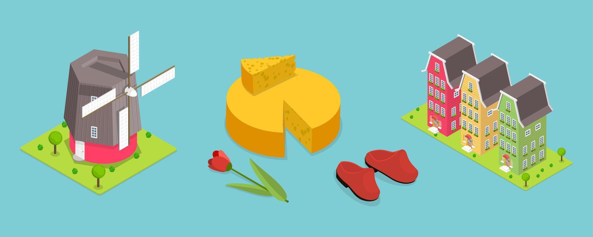 3D Isometric Flat Set of Symbols of Holland, Windmill, Cheese, Houses vector