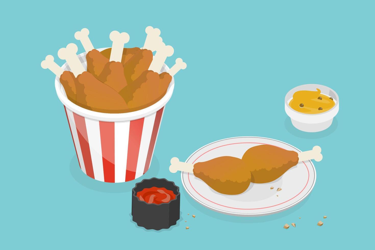 3D Isometric Flat Set of Chicken Fast Food, Hot Crispy Drumsticks vector