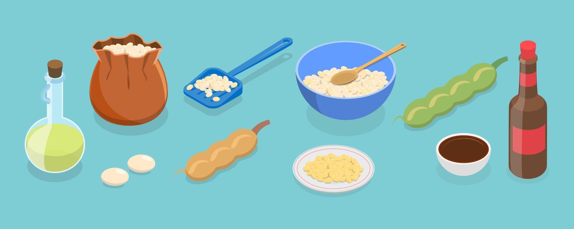 3D Isometric Flat Set of Soy Products, Vegan products, Organic Natural Nutrition vector