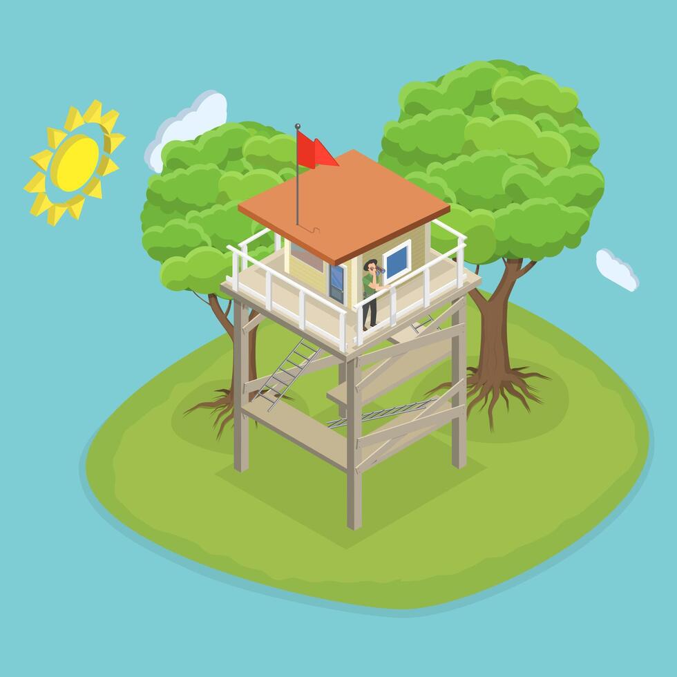 3D Isometric Flat Conceptual Illustration of Fire Watch Tower, Military Camp Post vector