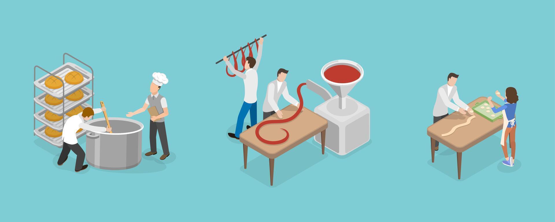 3D Isometric Flat Conceptual Illustration of Food Manufacture, Automated Processing Plant vector