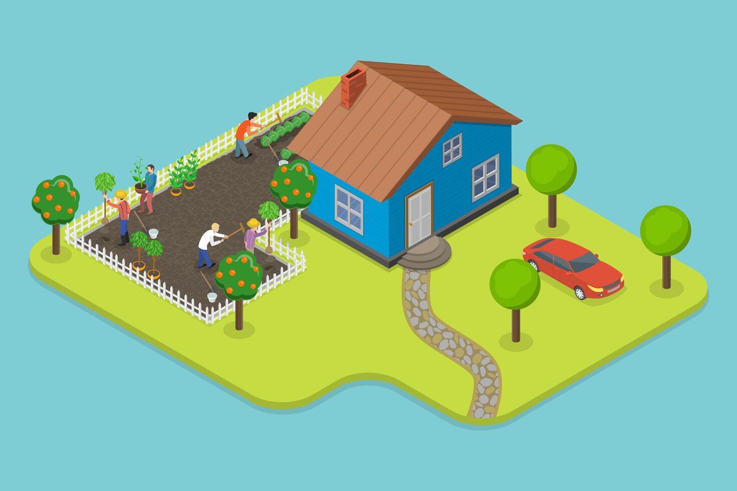 3D Isometric Flat Conceptual Illustration of Backyard Garden, Growing Plants vector