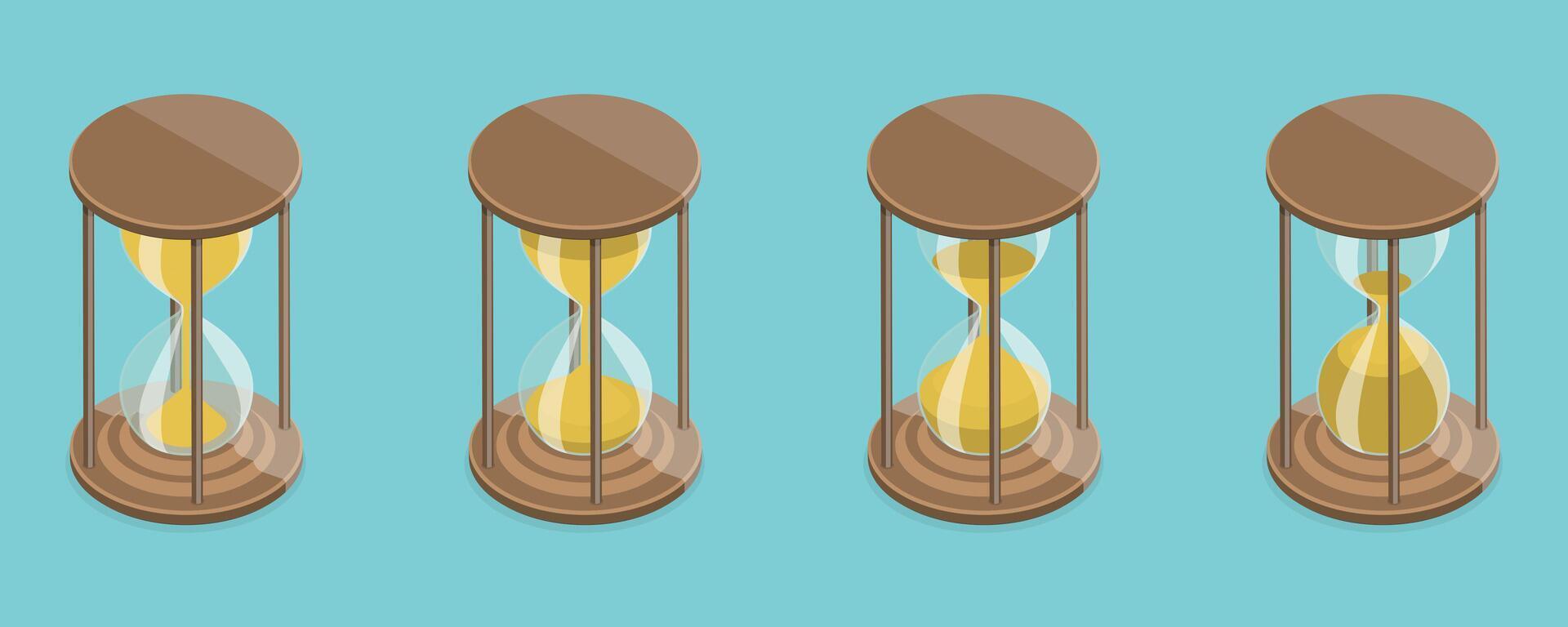 3D Isometric Flat Set of Hourglasses, Falling Sand Particles in Transparent Flasks vector