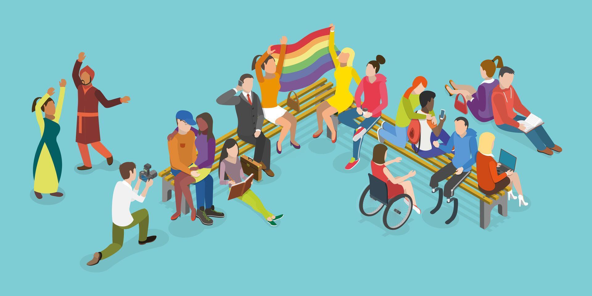 3D Isometric Flat Conceptual Illustration of Diverse Young People, Friends Having Fun Together vector