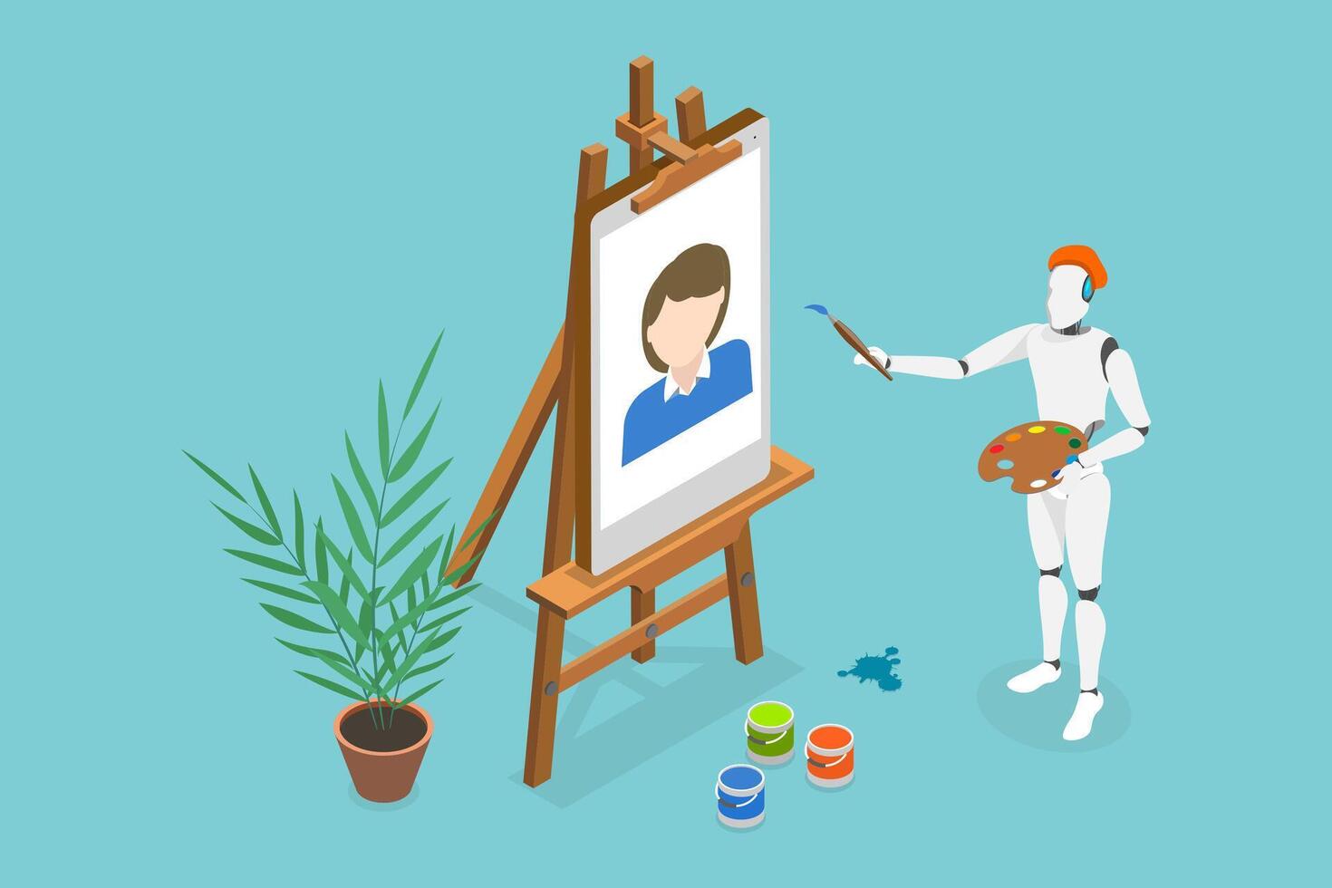 3D Isometric Flat Conceptual Illustration of Artificial Intelligence Generating Artwork, AI Painter vector