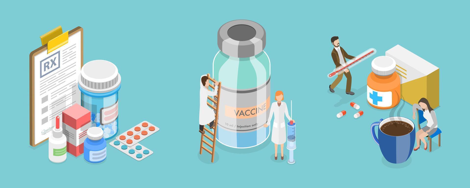 3D Isometric Flat Conceptual Illustration of Flu Treatment, Medicine and Healthcare vector