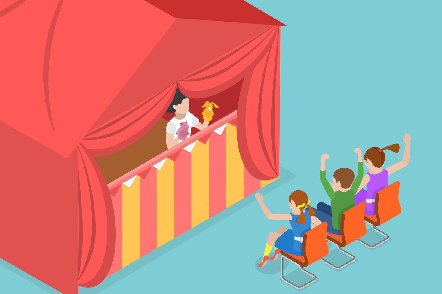3D Isometric Flat Conceptual Illustration of Kids Play Sock Puppets, Theater with Hand Dolls vector