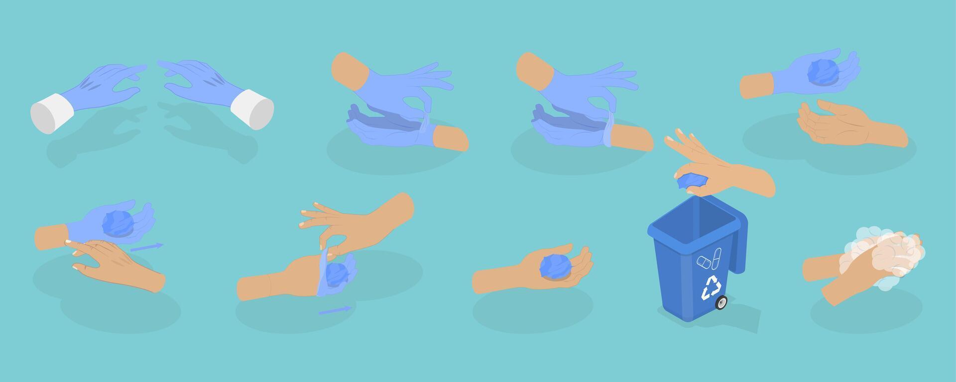 3D Isometric Flat Conceptual Illustration of How To Remove Disposable Gloves, Health Safety Infographic vector