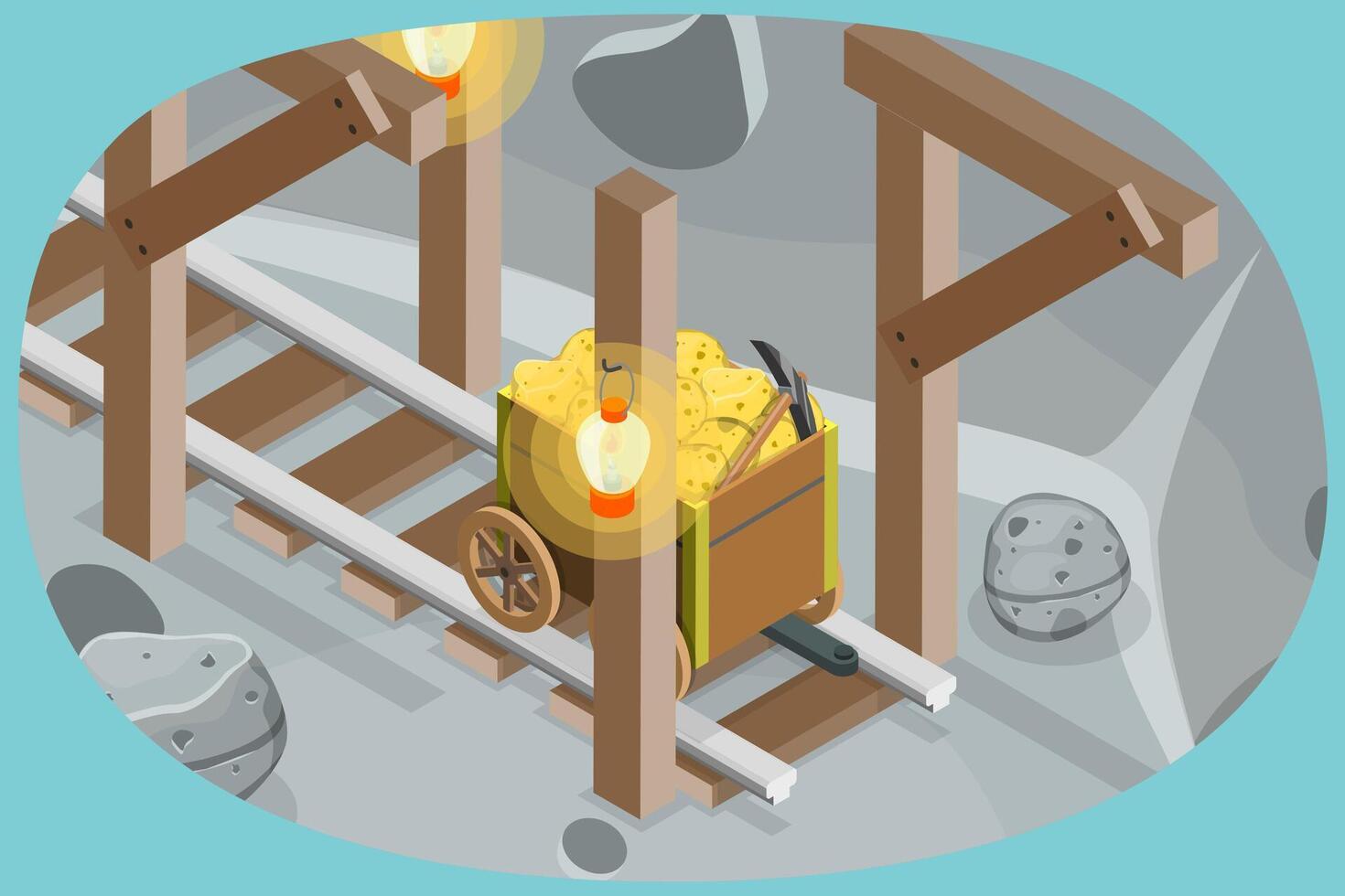 3D Isometric Flat Conceptual Illustration of Old Gold Mine, Underground Tunnel with Railway vector