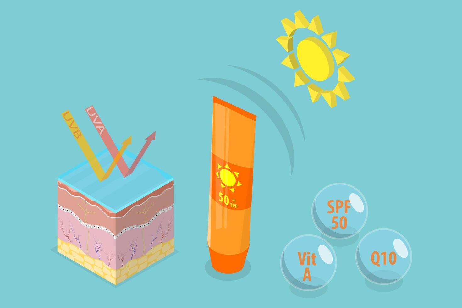 3D Isometric Flat Conceptual Illustration of Sun Rays Protection Cream, Moisture Sunscreen vector