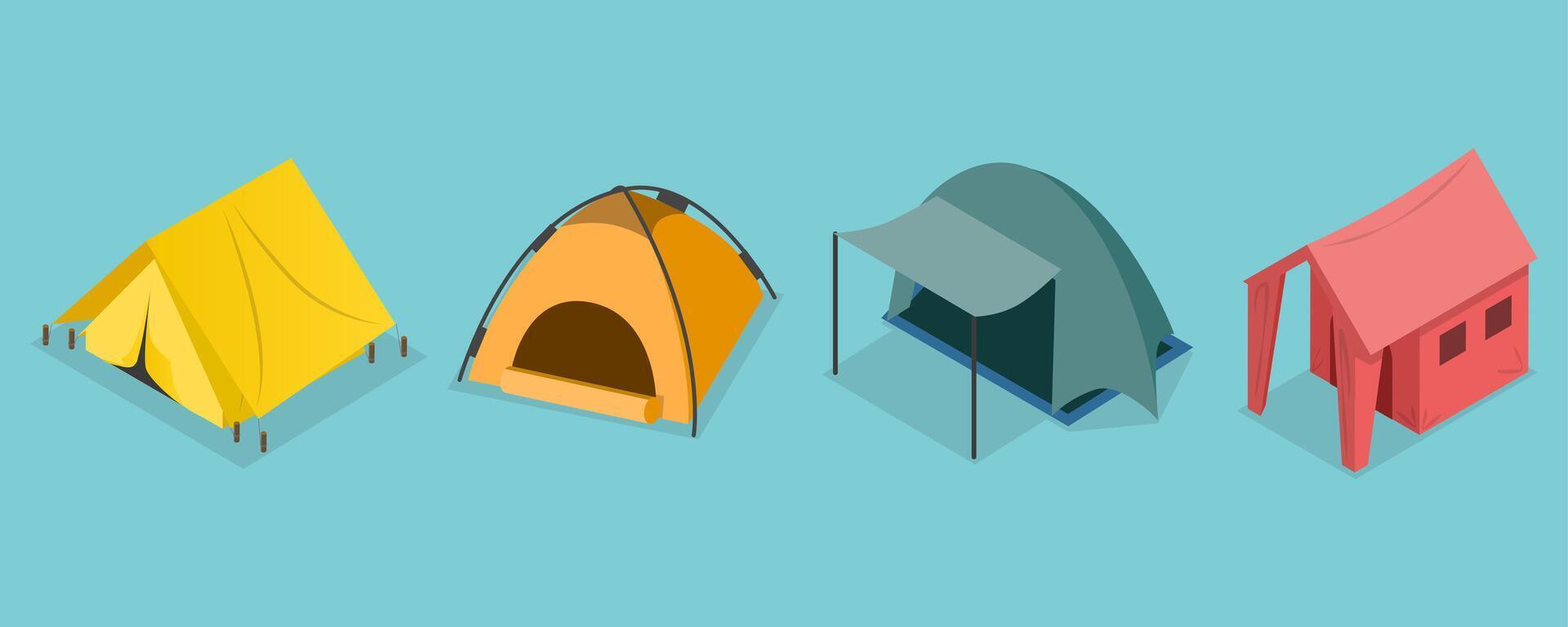 3D Isometric Flat Set of Camping Travel Tents, Outing Equipment vector