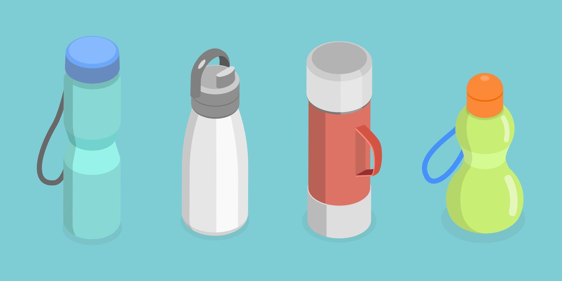 3D Isometric Flat Set of Thermoses, Refillable Glass, Plastic or Metal Bottles vector