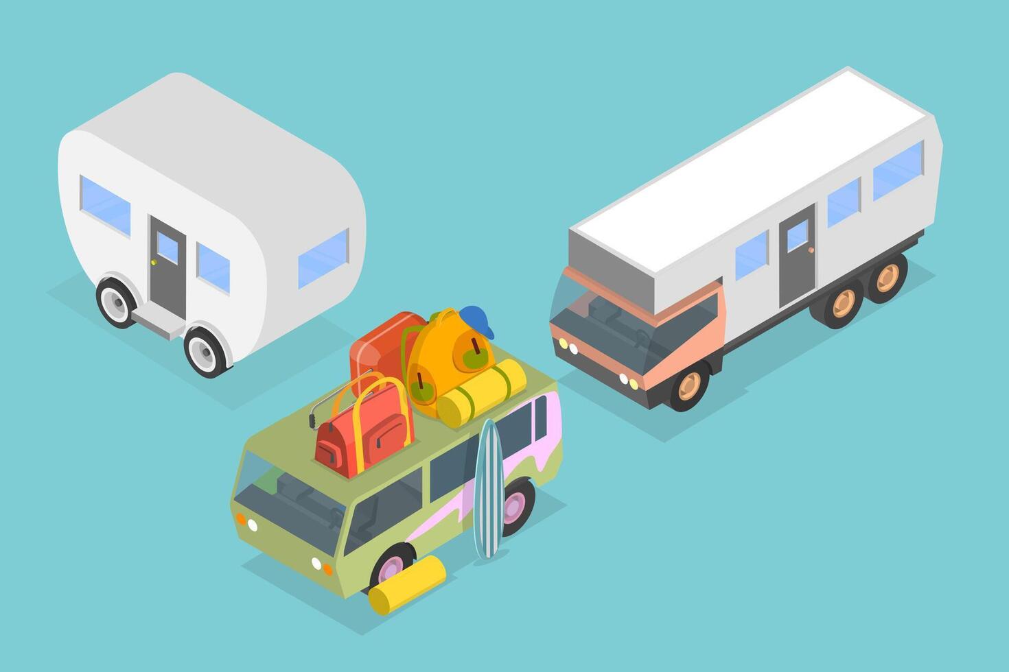 3D Isometric Flat Set of Caravan Trailers, Recreational Vehicle, Wagon Car vector