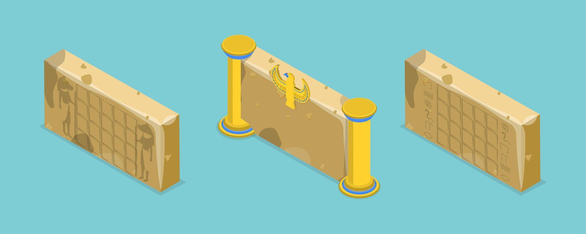 3D Isometric Flat Set of Egypt Ancient Walls, Old Civilization Archaeology Monuments vector