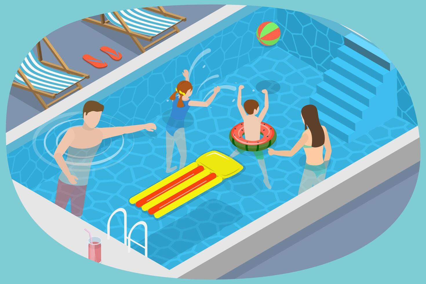 3D Isometric Flat Conceptual Illustration of Family Pool Time, Summer Vacation vector