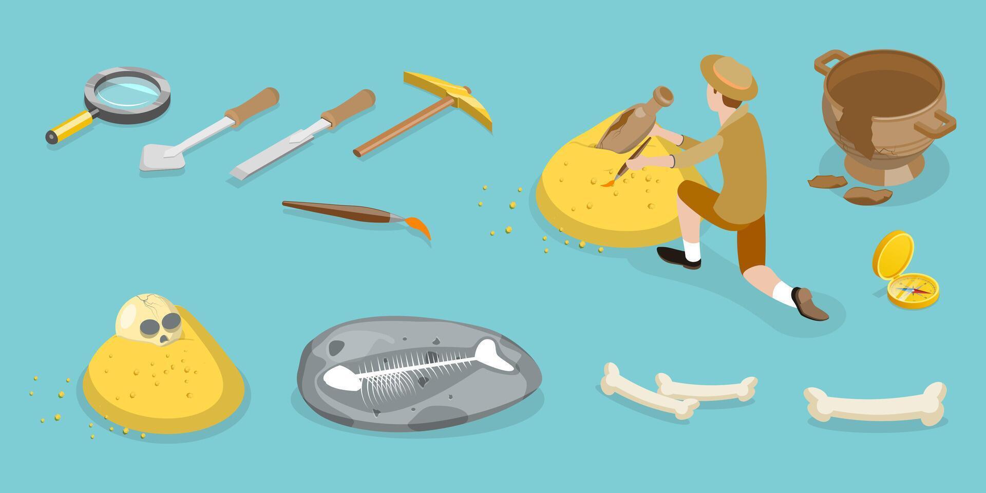 3D Isometric Flat Conceptual Illustration of Archeology Equipment, Archaeological Excavation vector