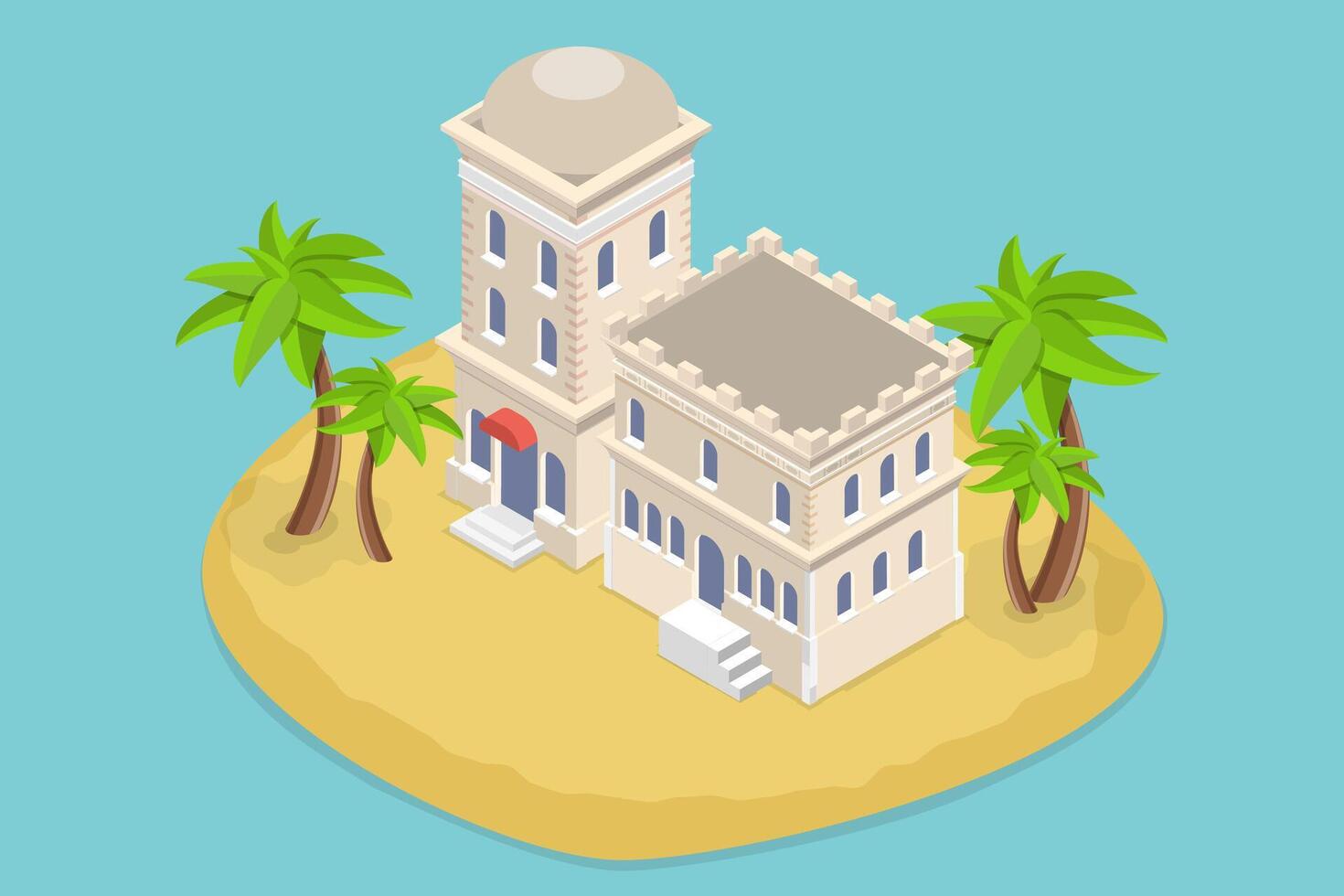 3D Isometric Flat Conceptual Illustration of Ancient Arab City, Traditional Islamic Building vector
