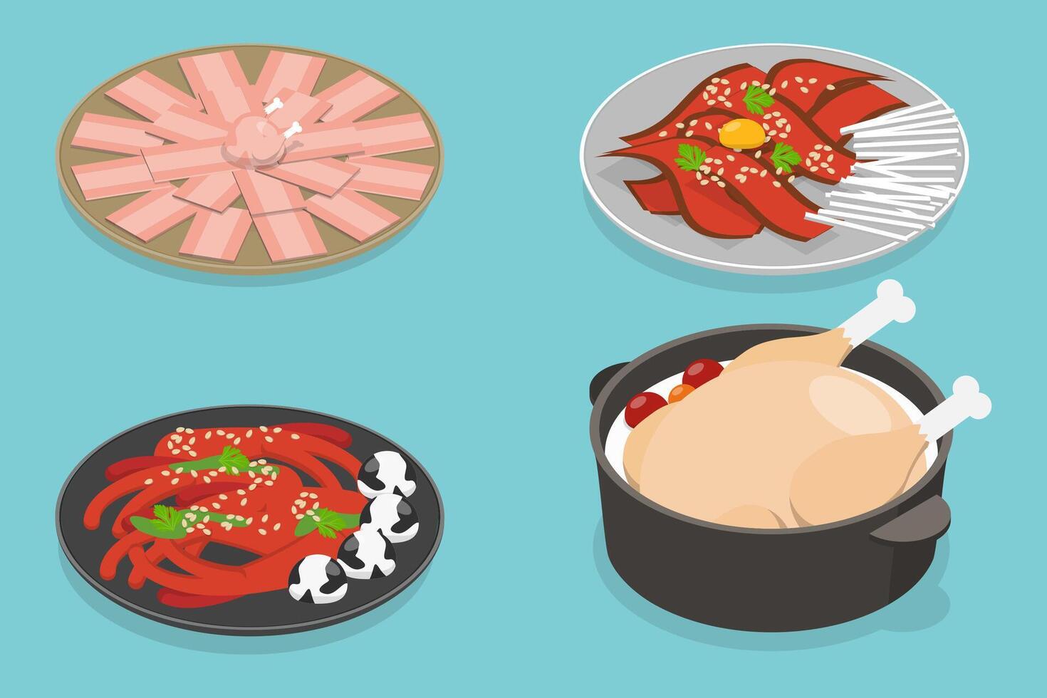 3D Isometric Flat Set of Korean Food, Asian Cuisine vector