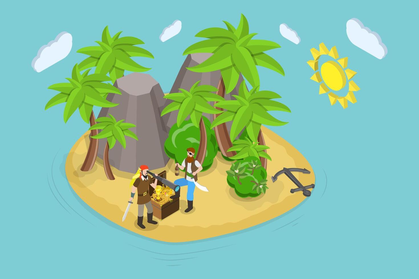 3D Isometric Flat Conceptual Illustration of Pirate Treasure Island, Tropical Beach with Palm Trees vector
